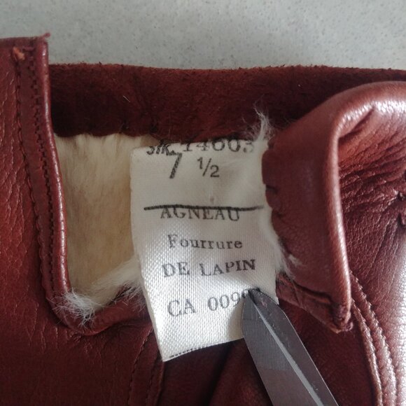 Vintage made in Italy lambskin leather rabbit fur lining brown warm gloves 7 1/2 - Picture 9 of 12